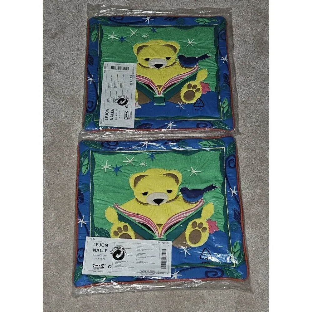 NEW 2 Ikea Lejon Nalle 16x16 Pillow Covers Lot Teddy Bear Reading Book Bird